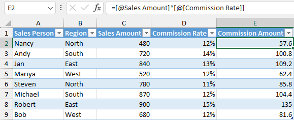 Structured references example